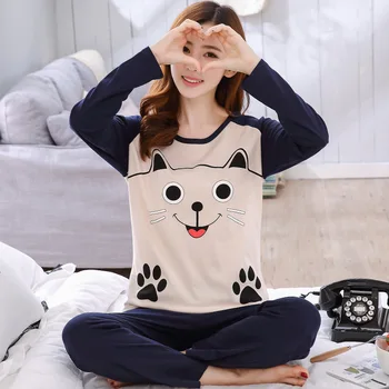

Cartoon Long-sleeved Round Neck Casual Home Wear Two-piece Set Spring and Autumn Variety of Pajamas Womenpyjama Femme Satin