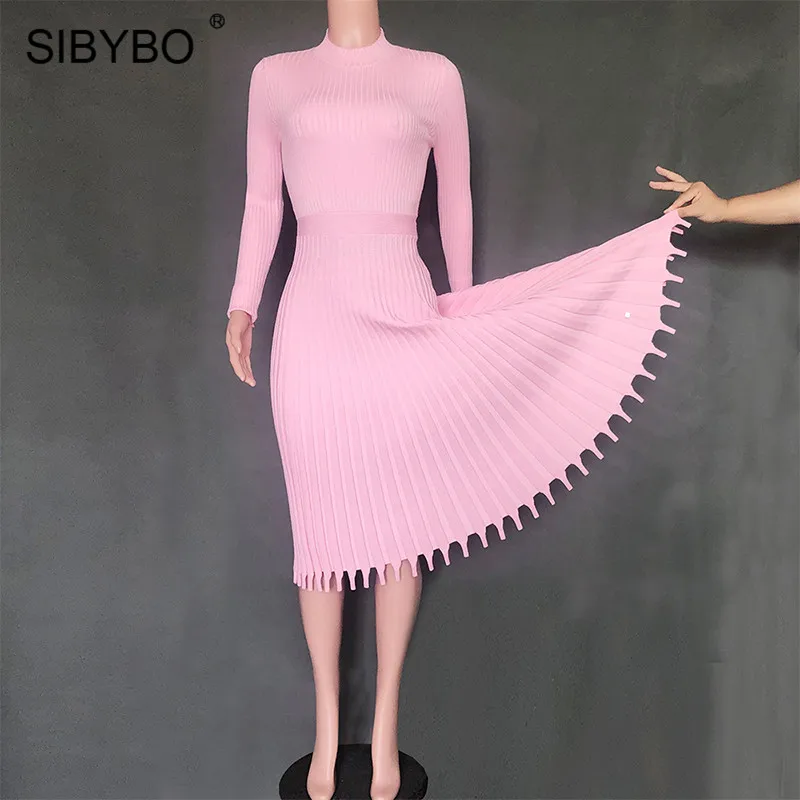 Розовый SIBYBO зимние вязаные свободные Платья-свитеры Для женщин с длинным рукавом Плиссированные хлопковые длинные вечерние платья элегантная однотонная обувь для вечеринок; элегантная Для женщин рождественское платье - Цвет: Розовый