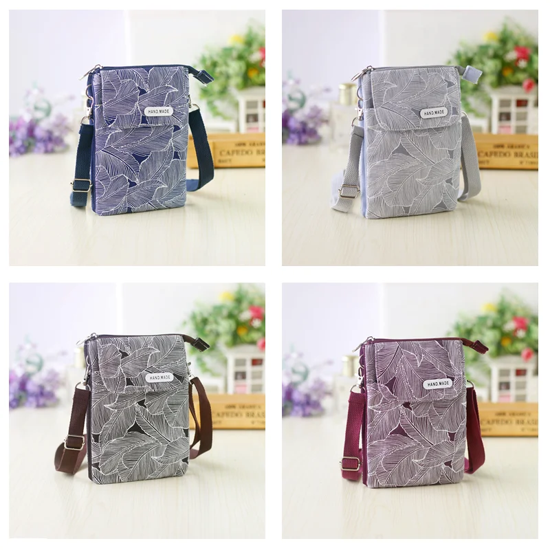 Women Leaf Large Screen Mobile Phone Bag  Capacity Canvas Messenger Bag Ladies Shoulder Bag