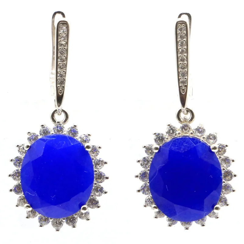 37x17mm Jazaz 9.7g Oval Real Blue Sapphire Created Violet Tanzanite Pink Tourmaline CZ 925 Solid Sterling Silver Earrings | Украшения и