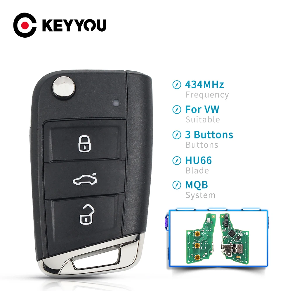Автомобильный Дистанционный ключ KEYYOU с 3 кнопками 434 МГц ID48 чип Uncut для Volkswagen MQB Golf
