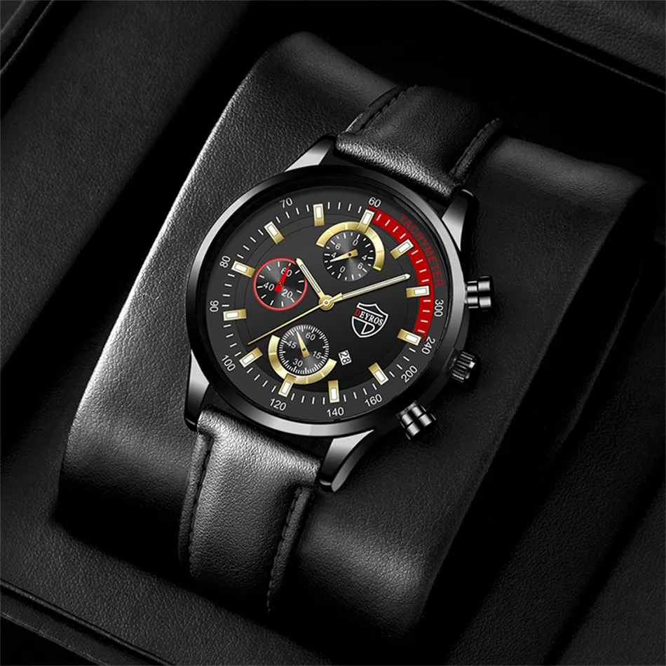 Luxury Mens Leather Watches Stainless Steel Fashion Calendar Quartz Wrist Watch Leather Bracelet Male Business Luminous Clock