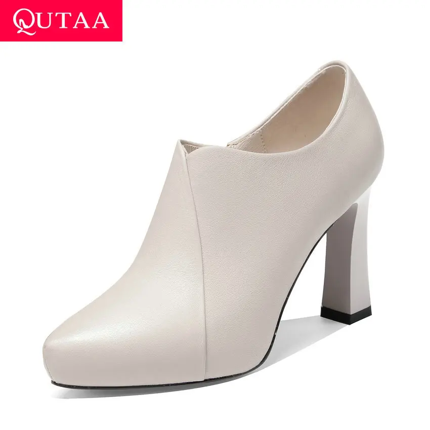 

QUTAA 2020 Sexy Pointed Toe Square High Heel Fashion Ankle Boots Autumn Winter Platform Cow Leather Zipper Women Shoes Size34-39