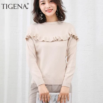 

TIGENA Women Sweaters and Pullovers 2019 Fall Winter Ruffles Korean Cute Kawaii Pink Knitted Sweater Female Jumper Women Tops