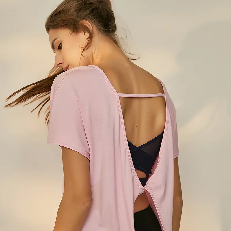 

Sexy Backless Modal Yoga Shirts Short Sleeve Twist Back Women Gym Sports T Shirt Workout Tops Female Sportswear Yoga Clothing