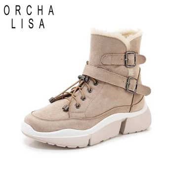 

ORCHA LISA Women Snow winter Wool Blend Mid-Calf Boots Round Toe Platform Cow suede Elastic band Bukle warm size 35-39 Casual