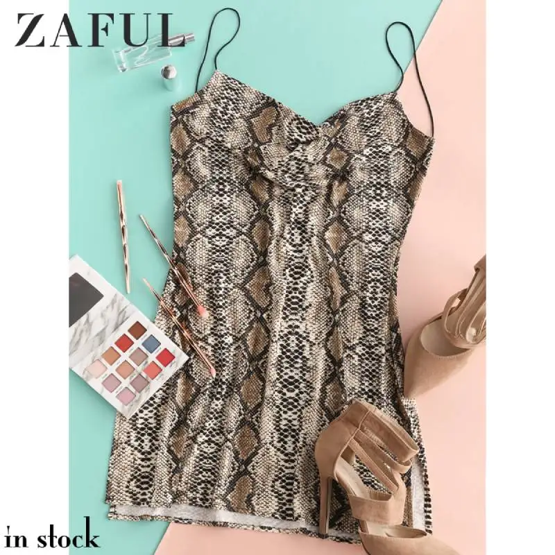ZAFUL мини платье на бретельках женское змеиное леопардовое с разрезом Сексуальные