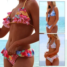 Купальные костюмы милые девичьи Стильные цветочные плиссированные оборки раздельные полиэфирные регулируемые солнечные костюмы сексуальные дышащие купальные костюмы для пляжа ming