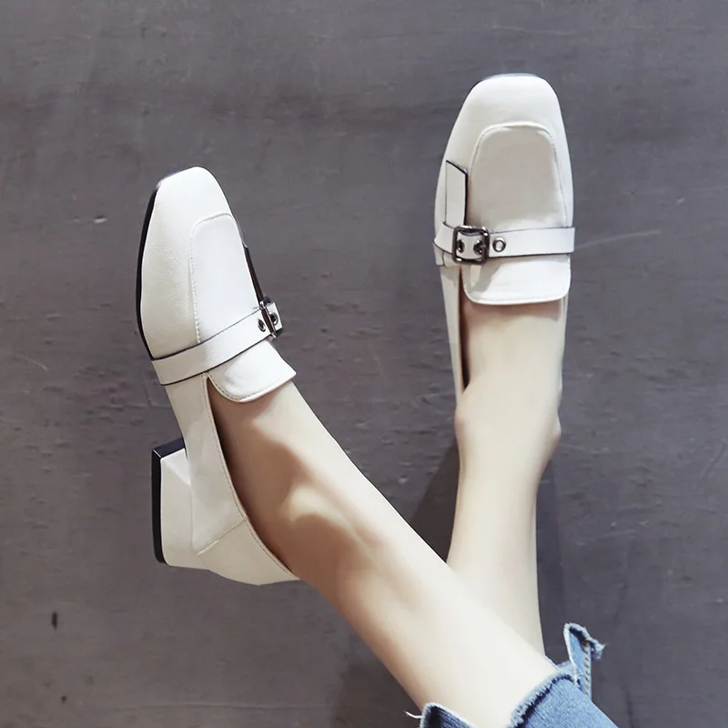 

Ozhouzhan Small Leather Shoes Women's British-Style Slip-on 2019 New Style Autumn Versatile Semi-high Heeled Square Head Chunky-