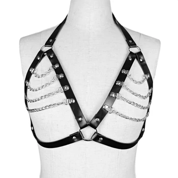 

UYEE Sexy Bondage Body Harness Chain Gothic Leather Harness Bust Garter Belt Stockings Chest Harness Women's Suspenders