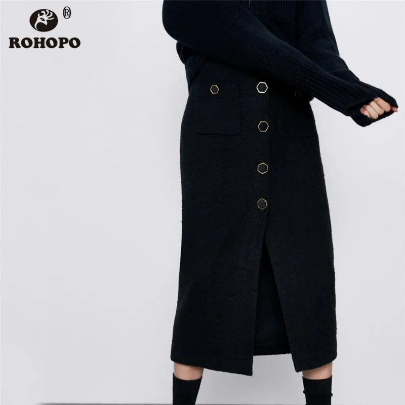 ROHOPO твидовая утолщенная черная юбка средней длины с высокой талией, Узорчатая юбка с карманами, прямая осенне-зимняя юбка Falda#1463