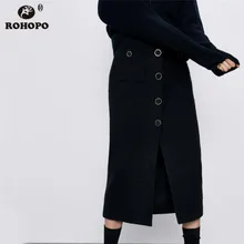 ROHOPO твидовая утолщенная черная юбка средней длины с высокой талией, Узорчатая юбка с карманами, прямая осенне-зимняя юбка Falda#1463