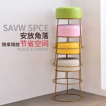 

Home Round Stool Wrought Iron Stool Leather Art Bench Creative Simple Dining Stool Fashion Makeup Stool Make Up Chair