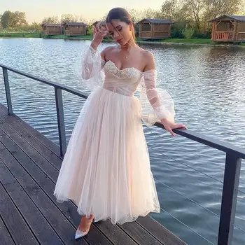 

Wedding Dress 2021 Short light Champagne Puff Sleeve A-Line Tulle Sweetheart Knee Length Bridal Length Crystal Beaded Beading