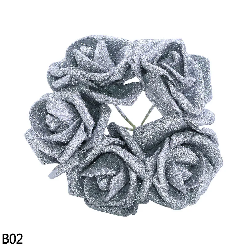 B02 silver flower 5/10/20 штук 6,5 см Высокое качество цвета: золотистый, серебристый Блестящий Пены Искусственный цветок розы букет на Рождество дома Свадебная вечеринка украшения - Цвет: B02 silver flower