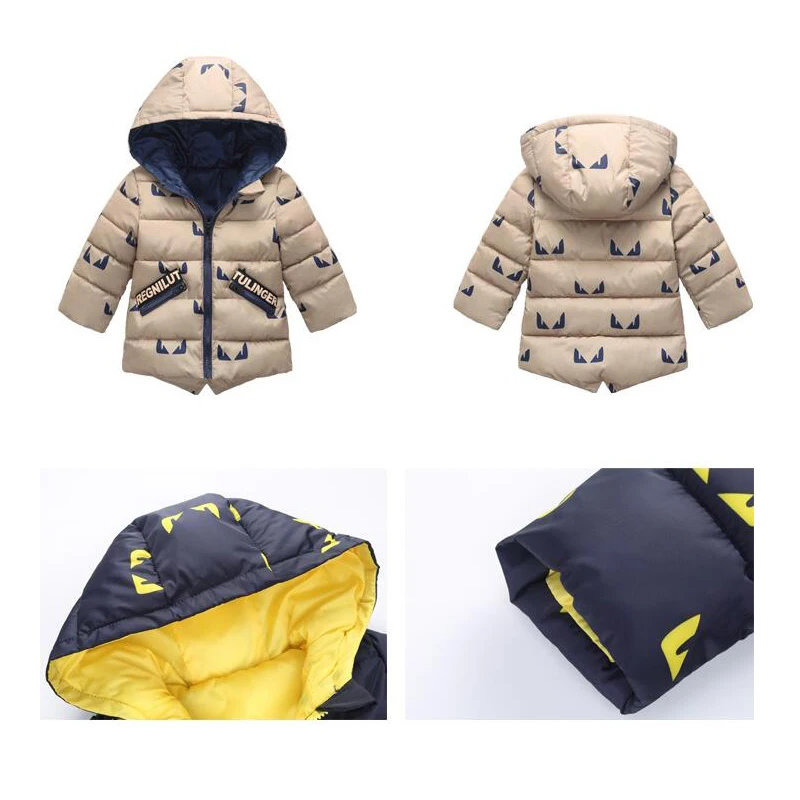 Новое Детское пальто; детские куртки; пальто для мальчиков; Верхняя одежда с капюшоном и принтом; зимняя теплая детская куртка для мальчиков и девочек; пальто на молнии; верхняя одежда
