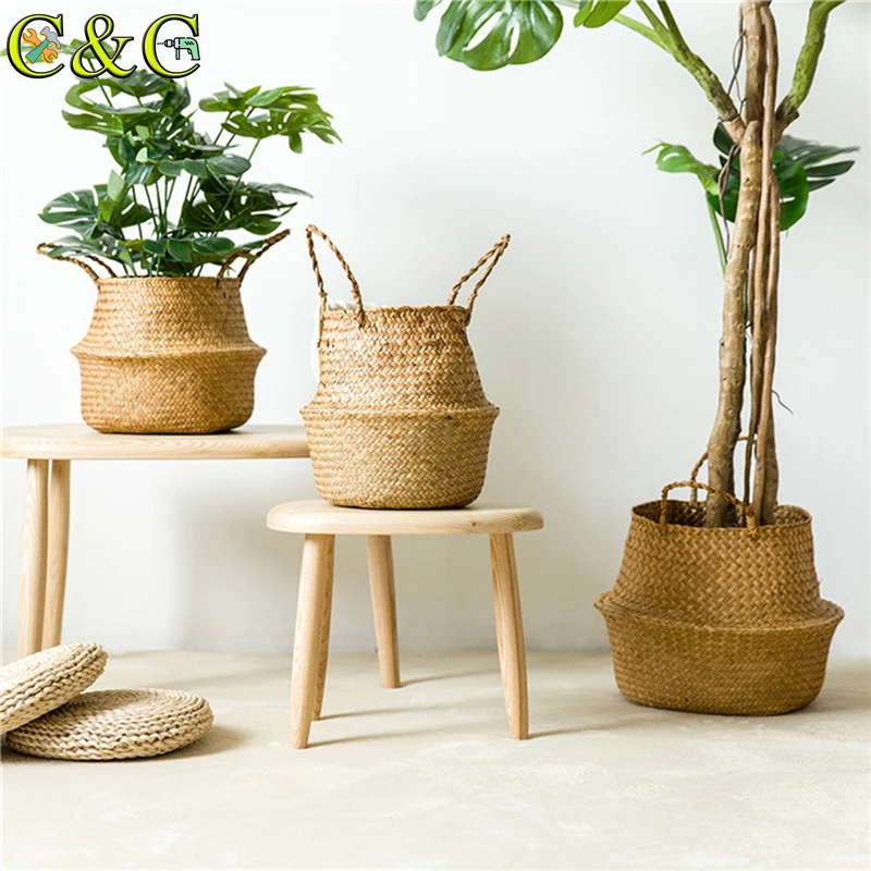 

Folding Flower Pot Plant Straw Storage Seagrass Baskets Flower Vase Handmade Hanging Basket Flower Home Decor