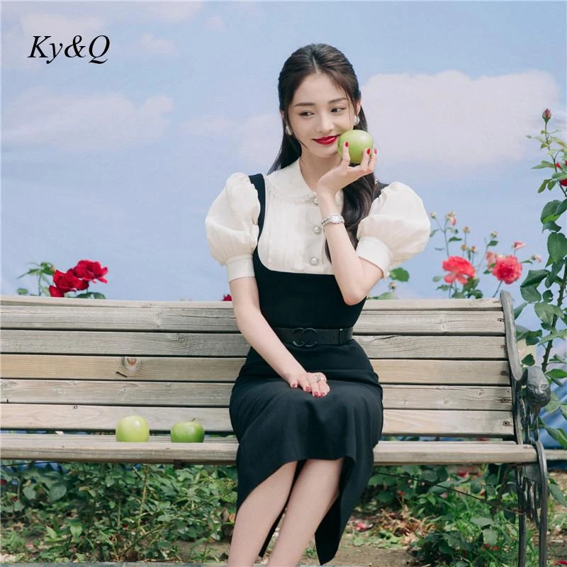 女性のためのシックなツーピースドレス 韓国のブランド 人形の襟 バブルスリーブ スプライスベスト 小さな黒い服 ウエスト エレガント ドレス Aliexpress