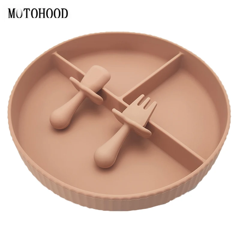 

MOTOHOOD 3PCS Fork and Spoon Baby Safe Silicone Dining Plate Solid Children Dishes Training Tableware Kids Feeding Bowls