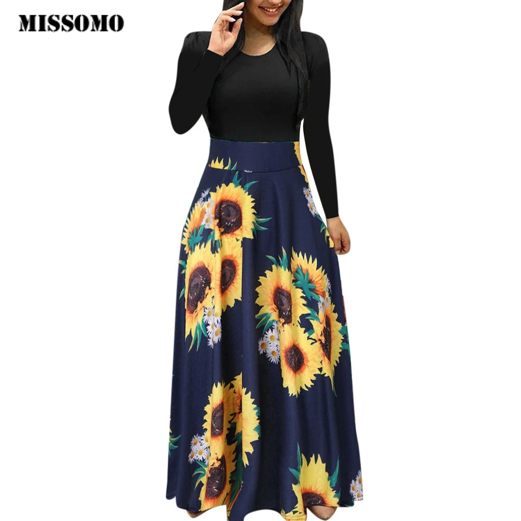 

MISSOMO Vestidos Women Maxi Dress Long Sleeve Sunflower Print Sundress Casual Swing plus size dress women long dress 813