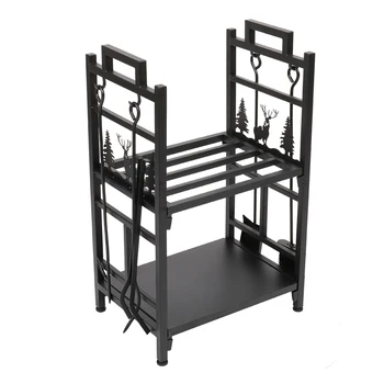 

Fireplace Firewood Holder Stand Rack Storage Shelf 2-Layer Animal Pattern Black Heavy Steel Tube Construction With Tools[US-W]