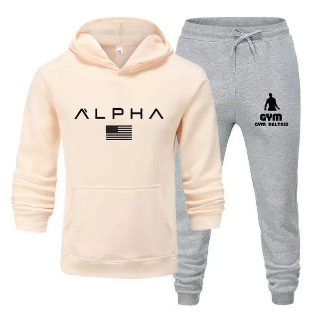 New Brand Printing Tracksuit Fashion Men Sportswear Two Piece Sets Polyester Cotton Thick Hoodie+Pants Sporting Suit Male - Цвет: khaki light grey
