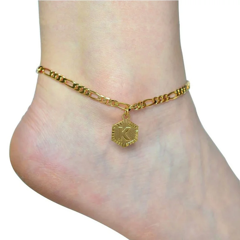 New Stainless Steel Anklet Gold Color Hexagon Initial Alphabet/ Capital Letter Message New Stainless Steel Anklet Gold Color Hexagon Initial Alphabet/ Capital Letter Message