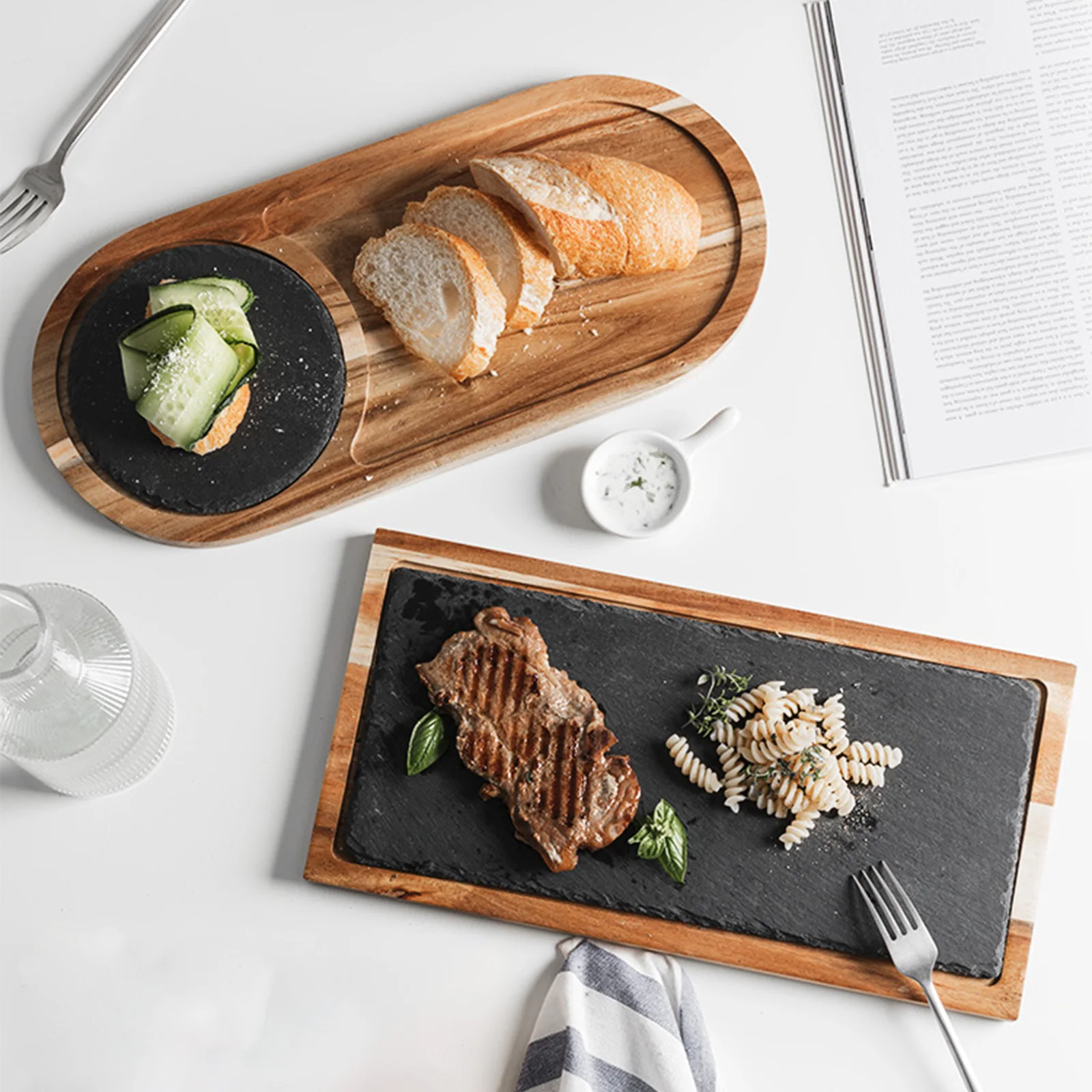 Steak Wood Serving Board With Slate Stone, Acacia Cutting Plate With
