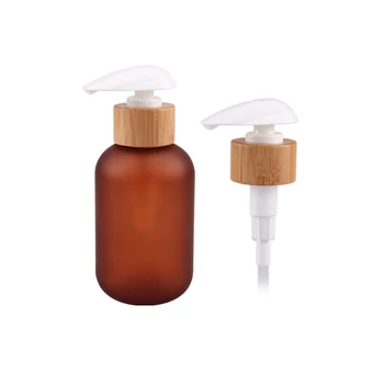 

60ml Cosmetic packaging 2oz Frosted Amber pet plastic shampoo bottle with bamboo pump Mist Sprayer Caps
