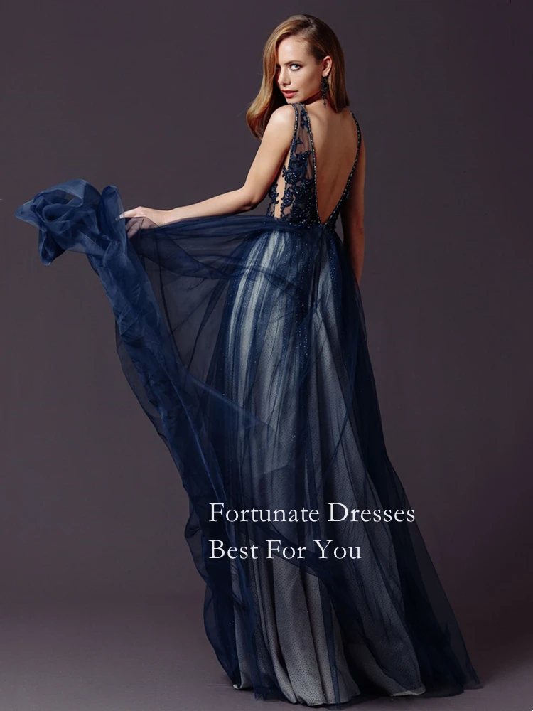 purple prom dress 2022 Elegant Navy Blue Prom Dresses With Peals V Neck Spaghetti Strap Sleeveless Backless Dot Tulle Vestidos Elegante Para Mujer gold prom dress