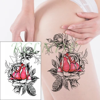 

Waterproof Temporary Tattoo Sticker red rose flower leaf geometric triangle tattoos Fake Tatto Flash Tatoo for Girl Women Men