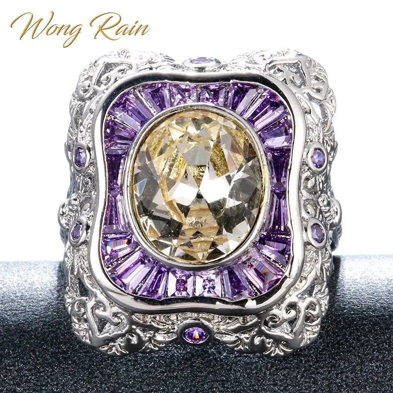 Wong Rain Vintage 925 Настоящее серебро цитрин аметист драгоценный камень Свадебное