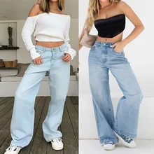 Women's Jeans Vintage Casual Button Loose Wide-Leg Jeans Autumn Winter Fashion Pocket Solid Color Mid-Waist Jeans