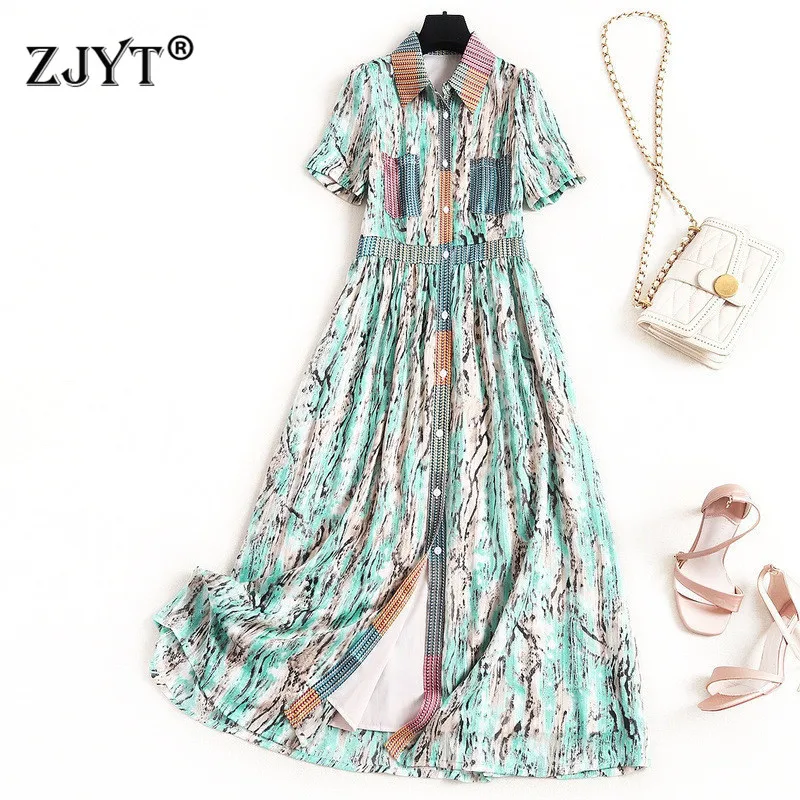 

Summer Dresses for Women 2020 New Fashion Runway Designers Shirt Collar Single Breasted Mid Calf Casual Aline Chiffon Dress