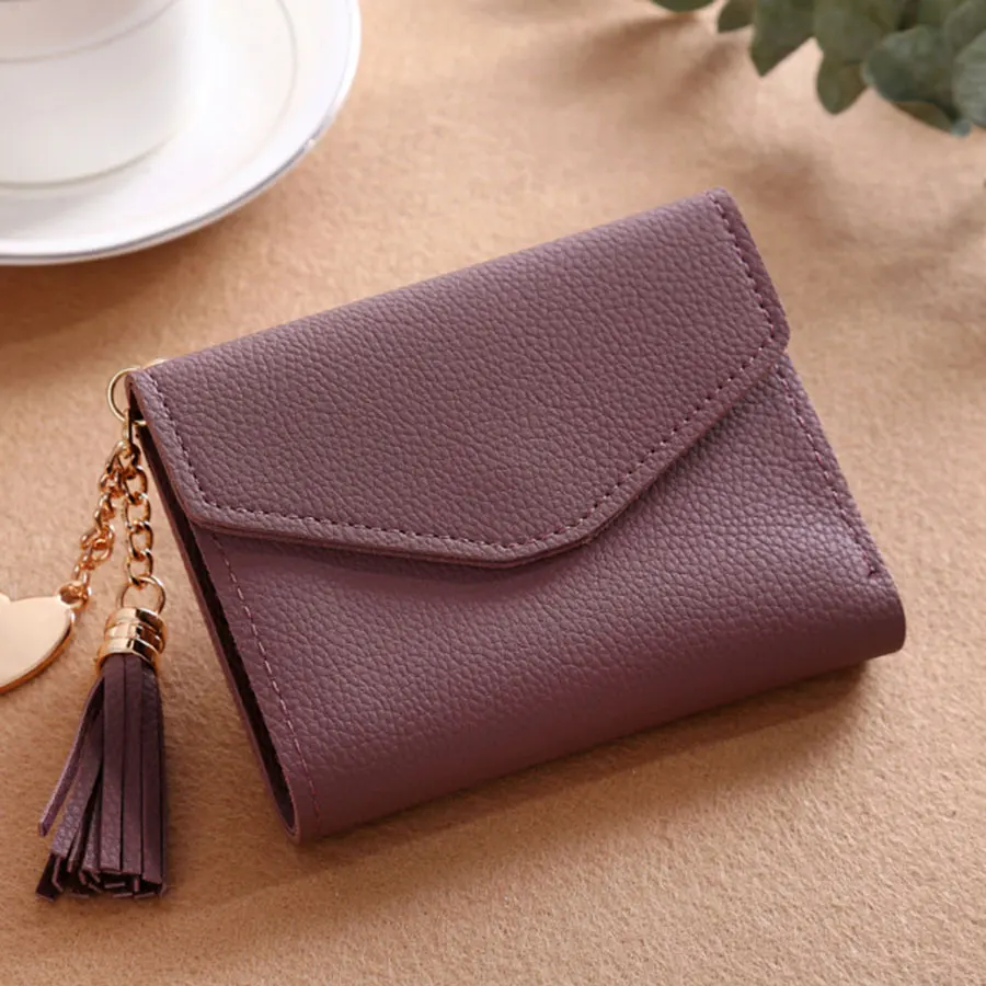 Dark purple Модный женский кошелек с кисточкой и подвеской для кредитных карт, маленький кошелек с несколькими картами, кожаные короткие женские кошельки и кошельки - Цвет: Dark purple