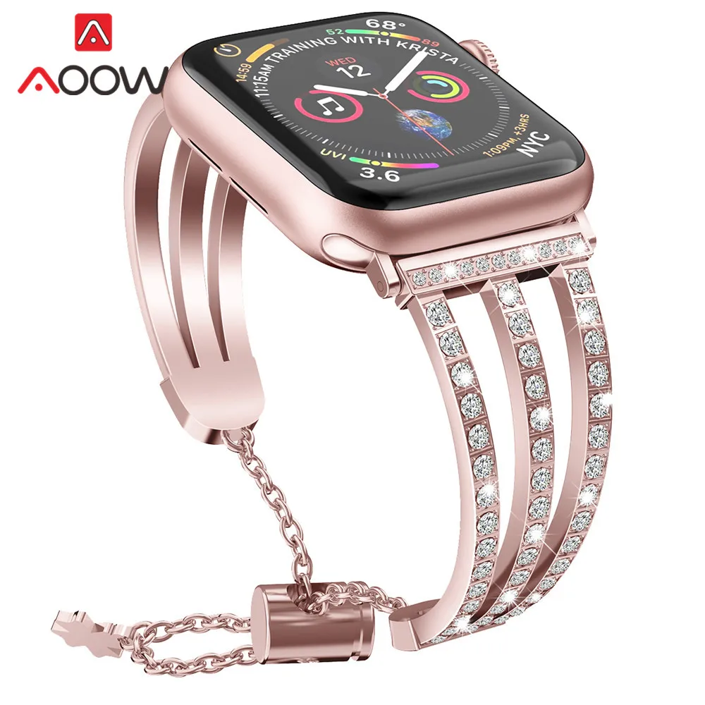 Rose Pink Браслет из нержавеющей стали с бриллиантами для Apple Watch 38 мм 42 мм 40 мм 44 мм женский ювелирный браслет ремешок для часов серии 4 3 2 1 - Цвет ремешка: Rose Pink