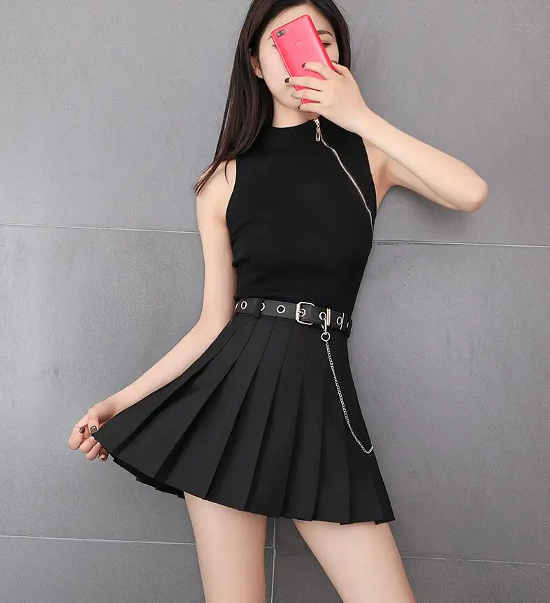 

New Spring Summer Punk High-waisted Sexy A-shaped pleated Short Skirt Black Blue Gray Sweet Charming Short Skirt+Belt