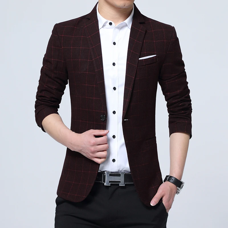 Spring Autumn New Men's Blazer Plaid Suit High Quality Fashion Trendy Slim Suit Business Casual Single Button Jacket