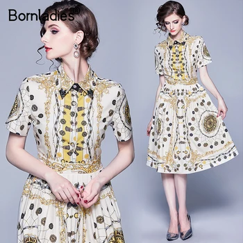 

Bornladies Fashion Runway Midi Dress Women's Elegant Short Sleeve Vintage Floral Print Midi Pleated Dress Vestidos Robe Femme