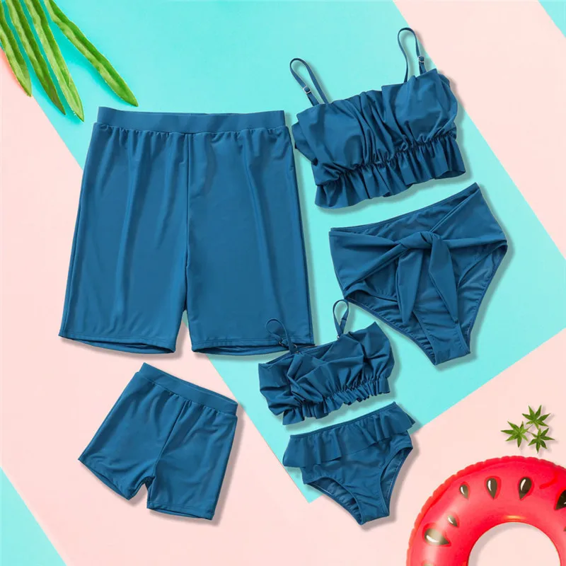 NASHAKAITE-Family-Swimsuits-Solid-Blue-Pleated-Bikini-Set-For-Mom-Daughter-Swimwear-2020-Dad-Son-Beach