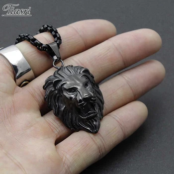 

Tiasri Gothic Jewelry Black Lion Head Pendant Necklace For Men Stainless Steel Box Chain Steampunk Style Hip-Hop Boys Accessorie