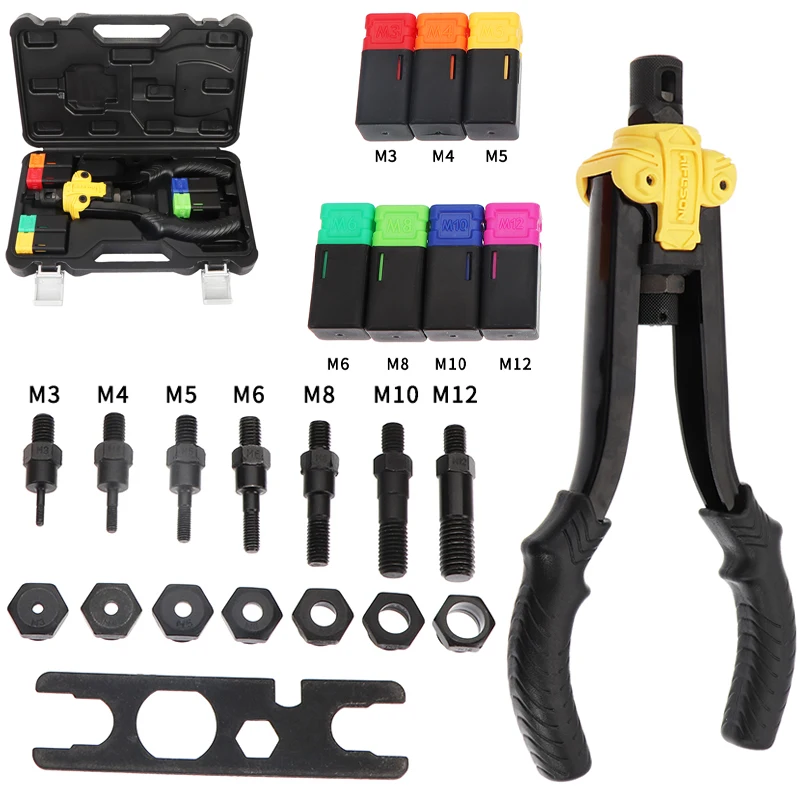 Hand Rivet Nut Gun Manual Riveters Nut Gun Set Insert Threaded Mandrels Riveting Rivnut Tool M3 M4 M5 M6 M8 M10 M12 Nuts Toolbox