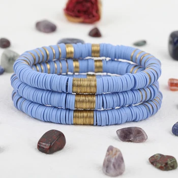

5Pcs Purple Color Vinyl Disc Heishi Beads 8mm Gold Copper Sheets Elastic String Bracelet Women Polymer Clay Flat Beads Bracelet