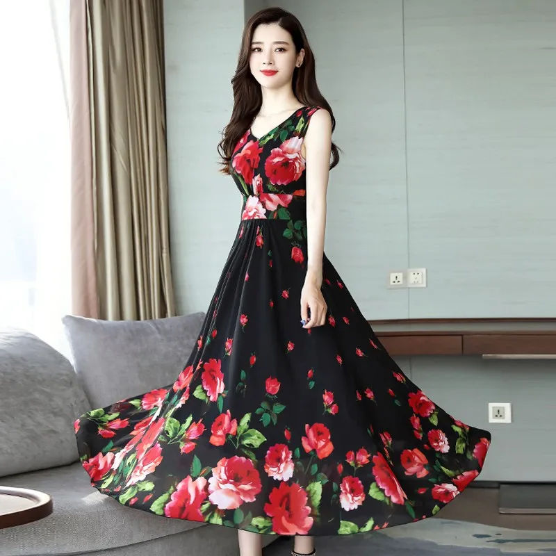Summer Sleeveless Beach Long Dress Casual Women Print Floral Dress