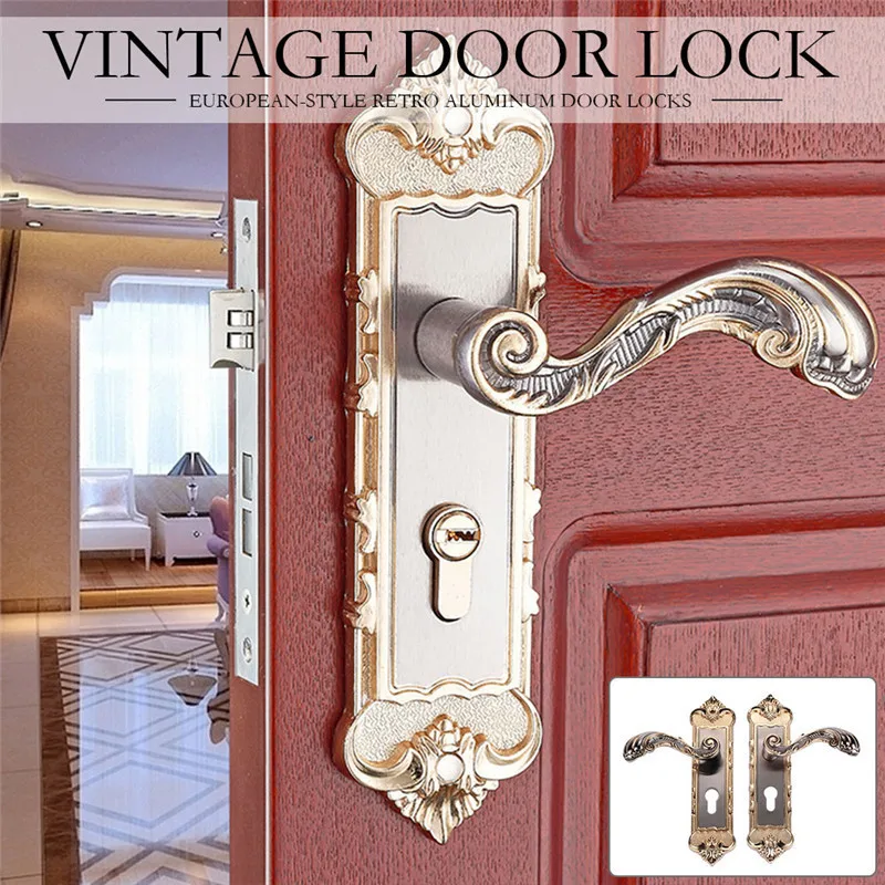 1 Set Vintage Door Lock European Style Retro Bedroom Door Handle Lock