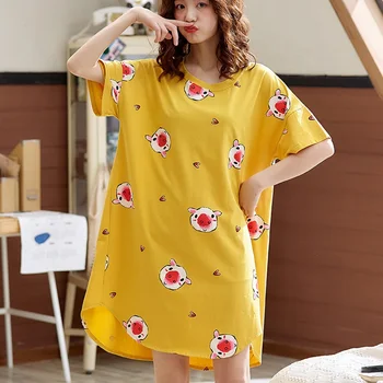 

Women Night Dress Summer Knee-Length Cute Cartoon Print Short-sleeves Knee-Length Nightgown