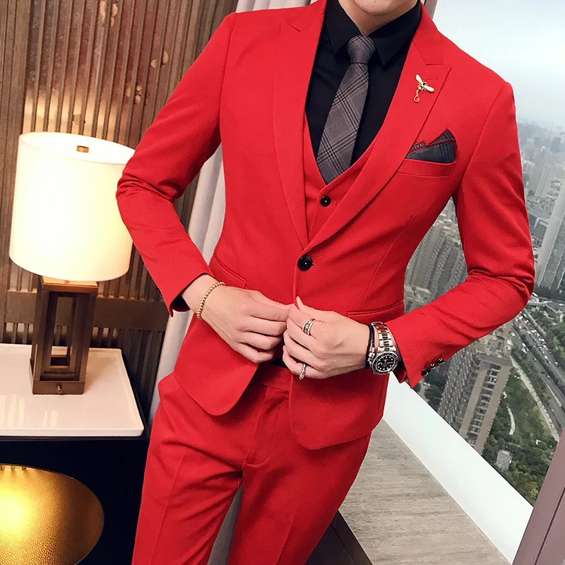Для мужчин костюм Slim Fit Бизнес мужской костюмы в английском стиле Стиль Свадебные смокинги женихов человек вечернее платье костюмы Комплект из 3-х предметов - Цвет: red