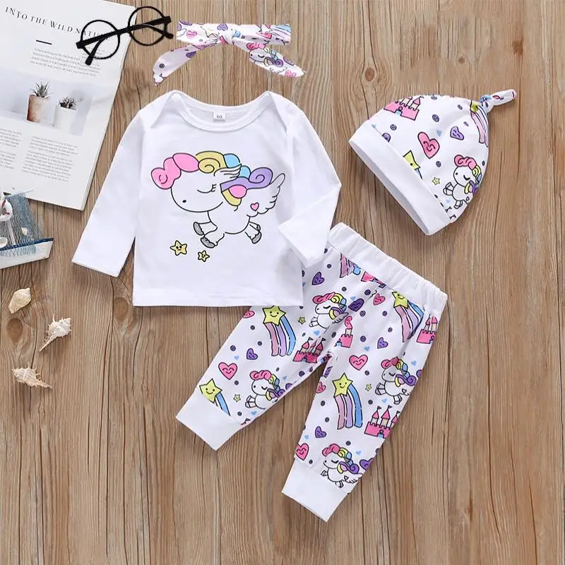 Newborn Infant Baby Girl Clothes Sets Unicorn Pegasus Star Castle Tops+Pants+Hat+Headband 4PCS Infant Baby Girl Clothing Outfits baby's complete set of clothing