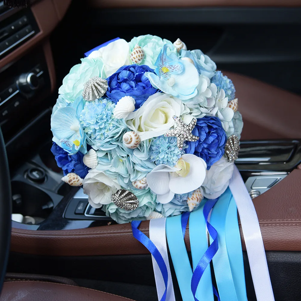 Luxury Wedding Bouquet Blue Flowers Rhinestones with Ribbon Artificial Bride Bouquet Chaise Longue Roses Wedding Flowers