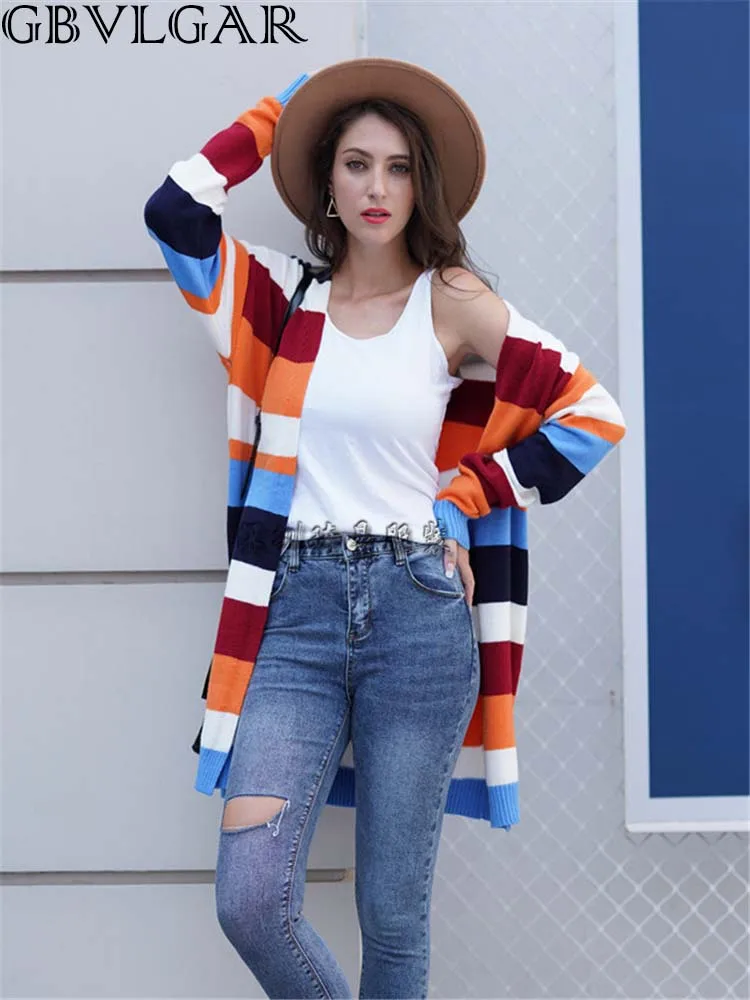 

2020 Women Cardigans Stripe Print Sweaters Autumn Winter Coat Outerwear Patchwork Loose Long Open Stitch Female Knitted Jackets